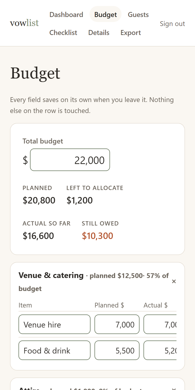 Budget — planned vs actual vs paid, left to allocate