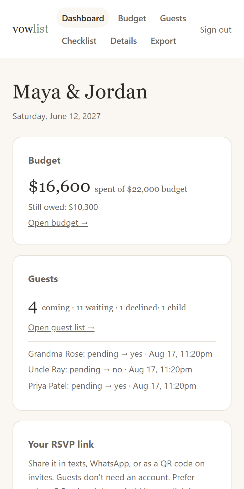 Dashboard — headcount, budget, RSVP link, next tasks
