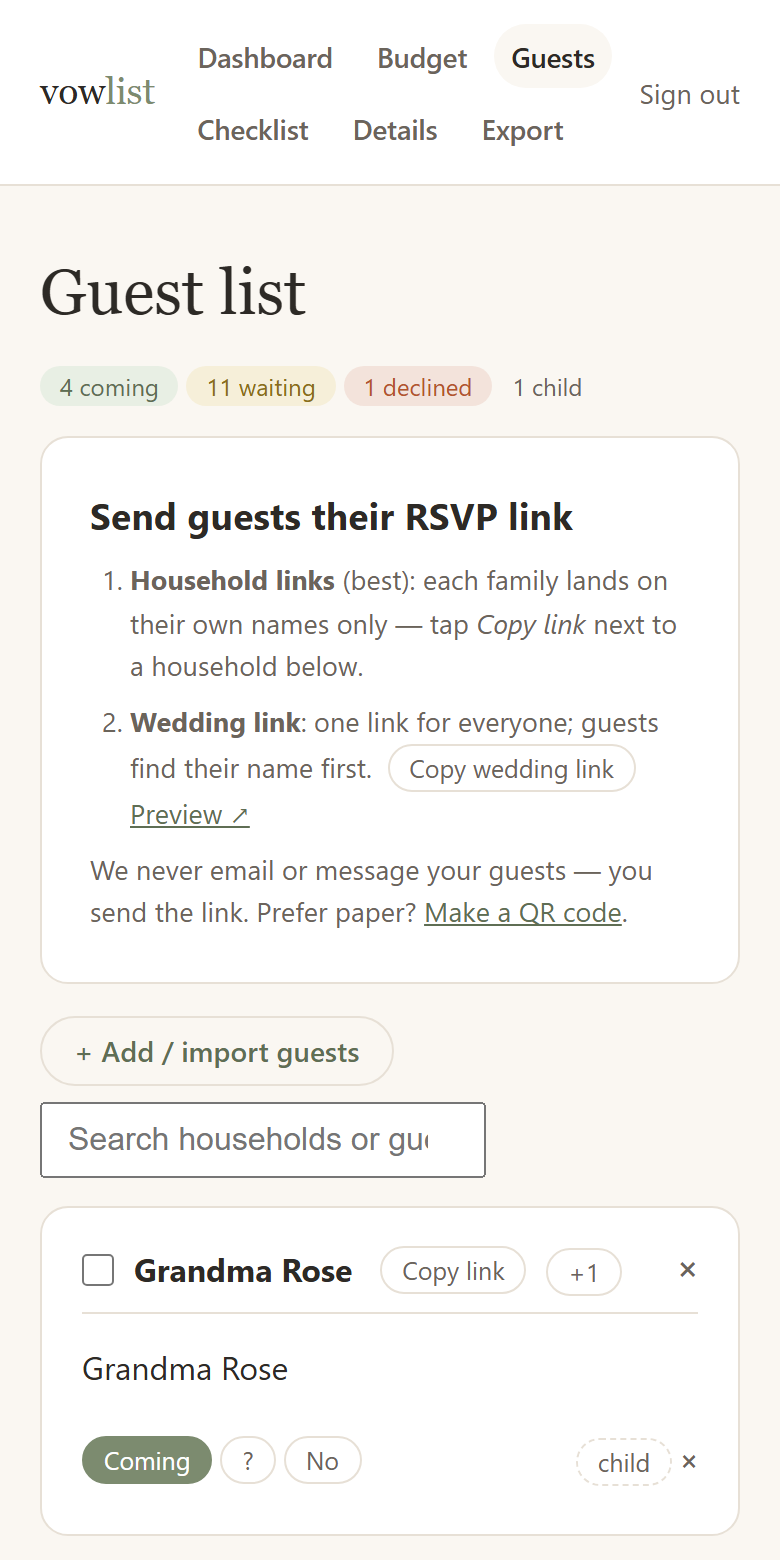 Guest list — households, plus-ones, kids, replies as they land