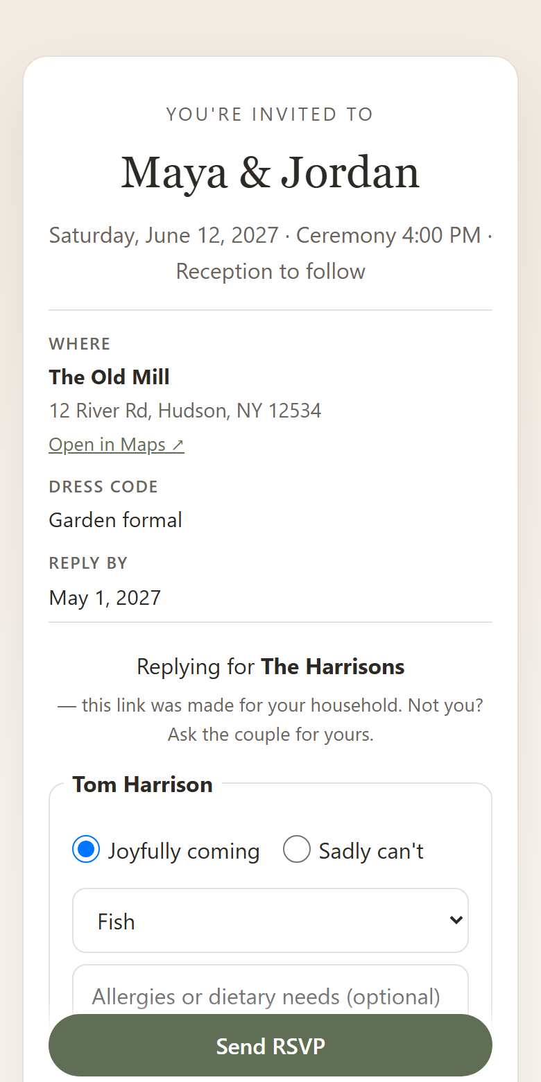 A Vowlist guest RSVP page on a phone: the household's names listed with coming / not coming toggles and a meal choice